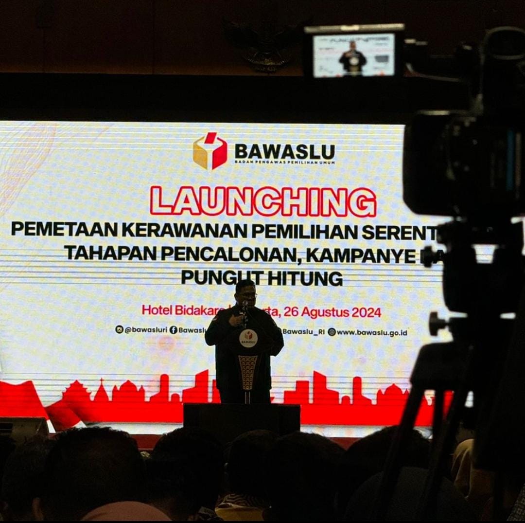 Sambutan Ketua Bawaslu Republik Indonesia Rahmat Bagja pada saat Pembukaan Launching Pemetaan Keawanan Pemilihan Serentak Tahun 2024 yang di gelar Bawaslu RI di Hotel Bidakara Jakarta, Senin(26/8/2024).