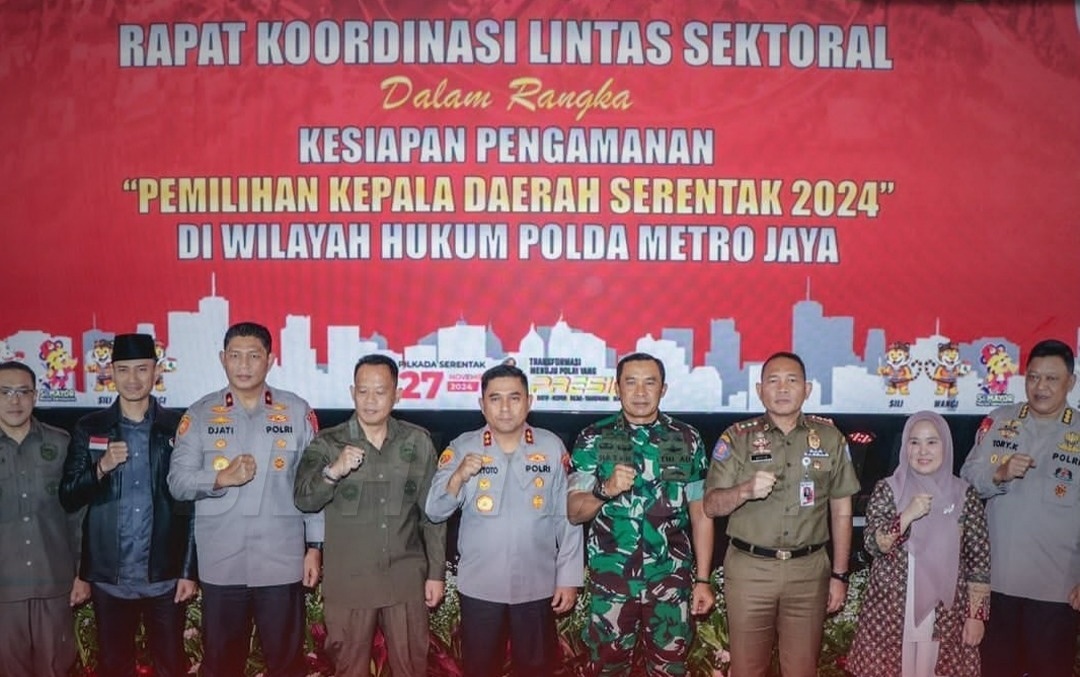 Rapat Koordinasi Lintas Sektoral dalam rangka Kesiapan Pengamanan Pemilihan Kepala Daerah di Wilayah Hukum Polda Metro Jaya yang di gelar di Gedung The Tribrata, Jakarta Selatan, Selasa (6/8/2024).