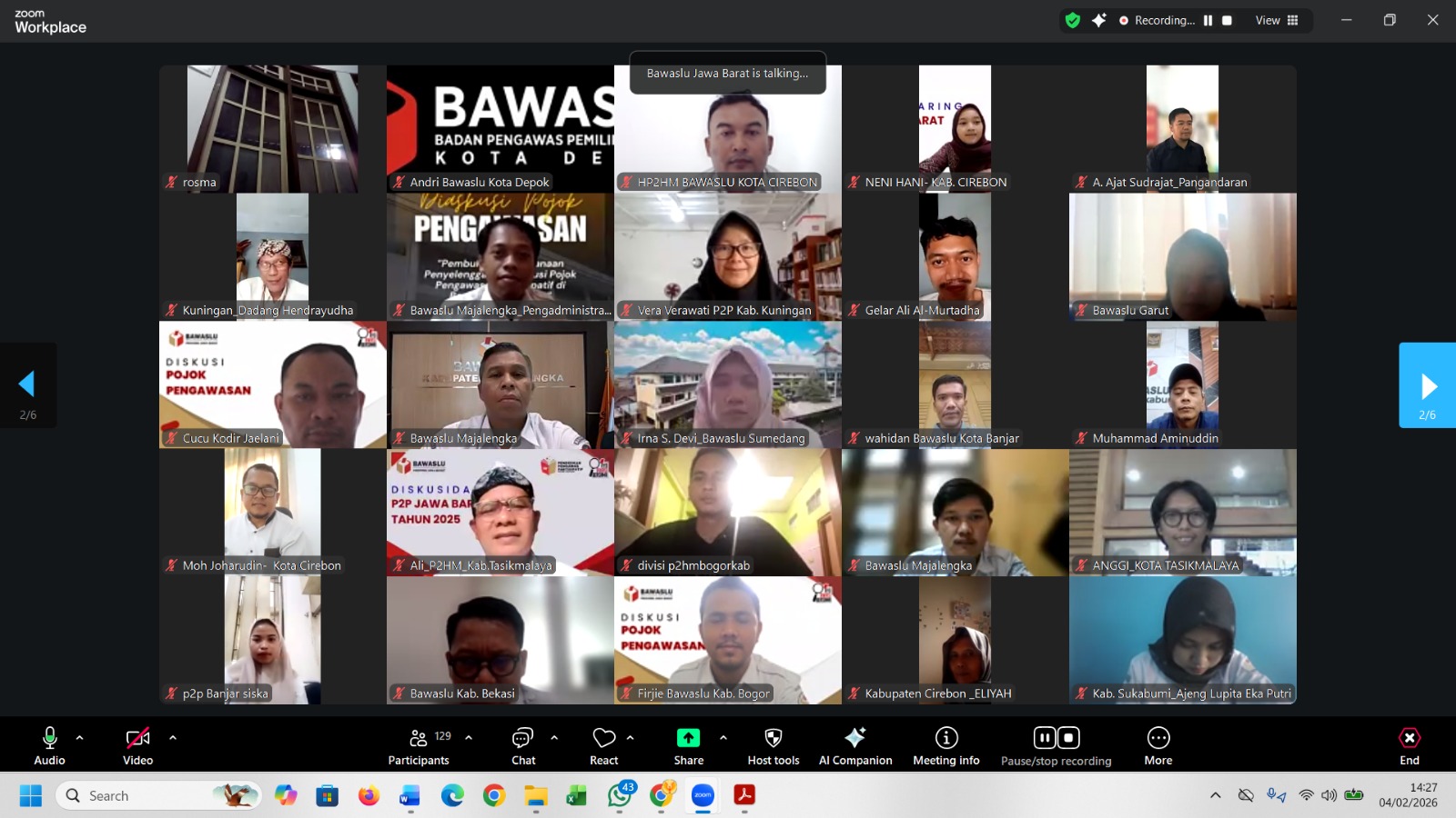 Bawaslu Kabupaten Bekasi ikuti kegiatan Diskusi Pojok Pengawasan Partisipatif yang di gelar Bawaslu Jabar secara daring, pada Rabu (4/2/2026).