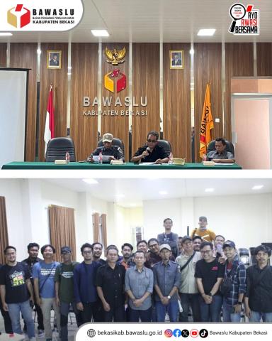 Kegiatan Siaran Pers Pemetaan TPS Rawan dan Pengawasan Masa Tenang pada Pemilihan Serentak Tahun 2024 di Kabupaten Bekasi dengan mengundang insan pers dari berbagai platform media yang di gelar di Kantor Bawaslu Kabupaten Bekasi, Senin (25/11/2024).