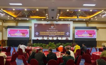 Suasana Rapat Koordinasi Persiapan Rekapitulasi Hasil Penghitungan Perolehan Suara Tingkat Kabupaten Bekasi di Hotel Sahid Jaya Lippo Cikarang, Kamis (29/02/2024).  