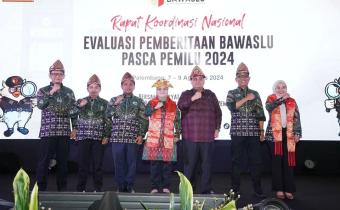 Rapat Koordinasi Nasional Evaluasi Pemberitaan Bawaslu Pasca Pemilu 2024 yang di gelar Bawaslu RI di Palembang, Sumatera Selatan, Kamis (7/8/2024).